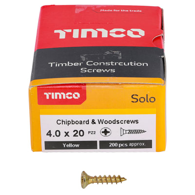 Solo Chippy Pozi Countersunk Wood Screws - 4.0 x 20mm - Yellow Zinc - Pack of 200