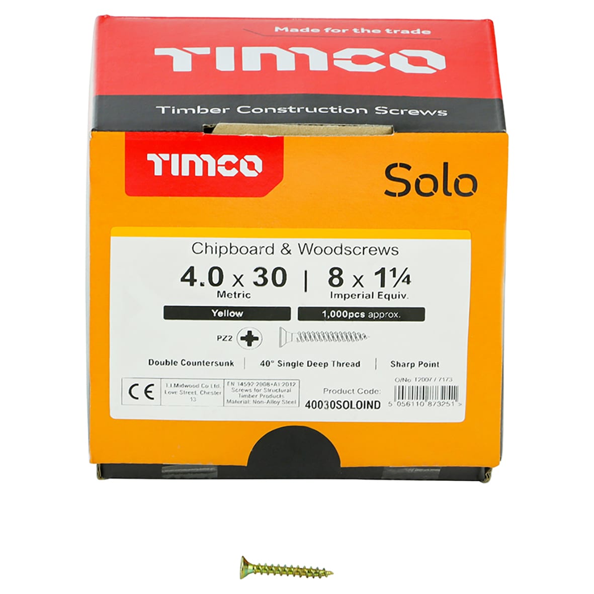 Solo Chippy Pozi Countersunk Wood Screws - 4.0 x 30mm - Yellow Zinc - Pack of 1000