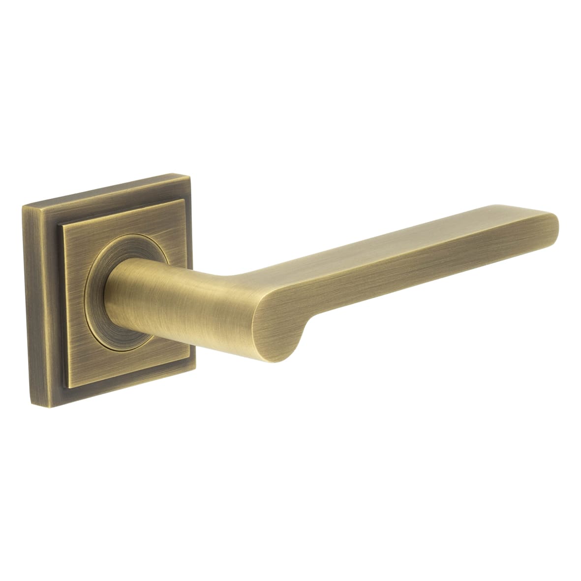 Antique Brass Fire Rated Door Handles on Square Stepped Rose - Fitzrovia Range