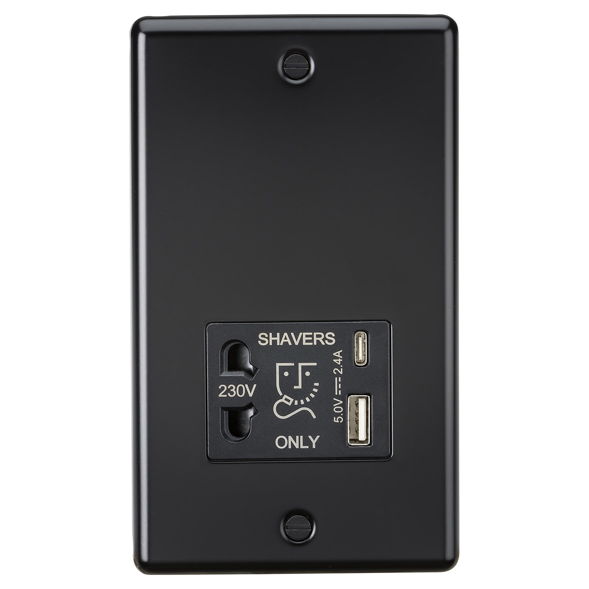 230V Shaver Socket with Type A/C USB Ports - 2.4A - Matt Black