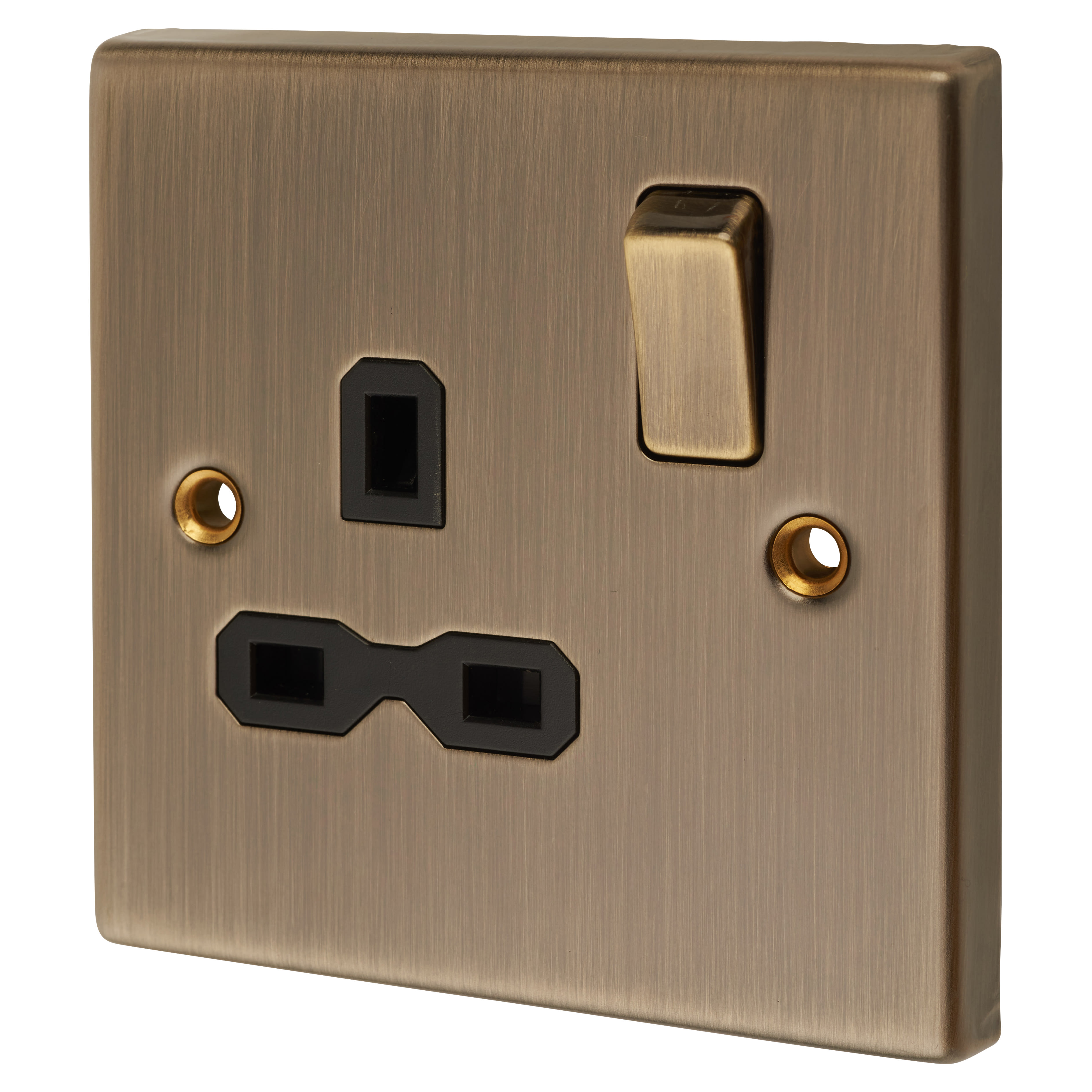 13A 1 Gang Double Pole Switched Socket - Antique Brass with Black Insert
