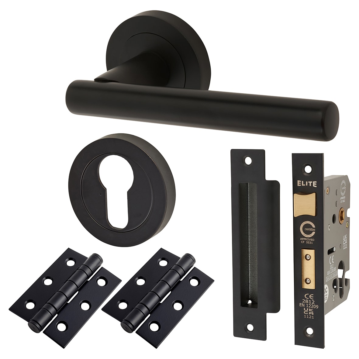 Matt Black Euro Lock Door Handles on Rose Pack - Ella Range