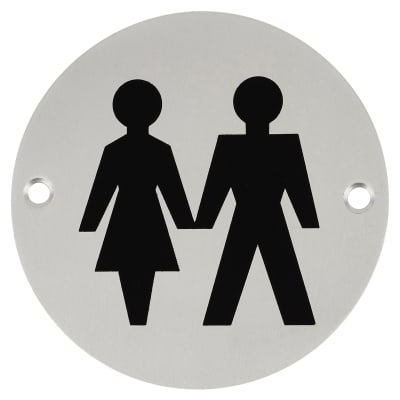 Unisex Toilet Door Sign - 75mm Diameter - Satin Aluminium