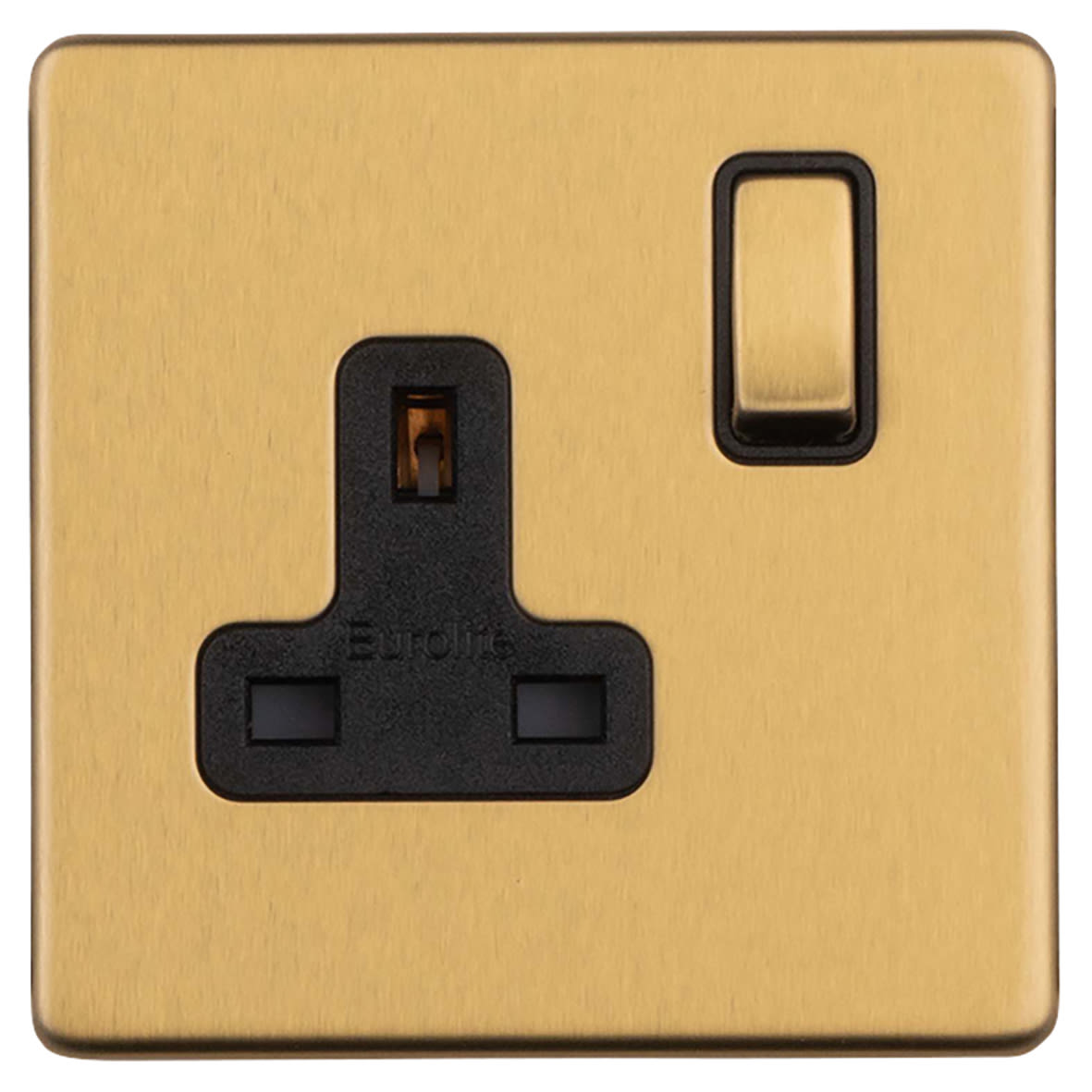 Concealed 13A 1 Gang Screwless Flat Plate DP Switched Socket - Satin Brass/Black