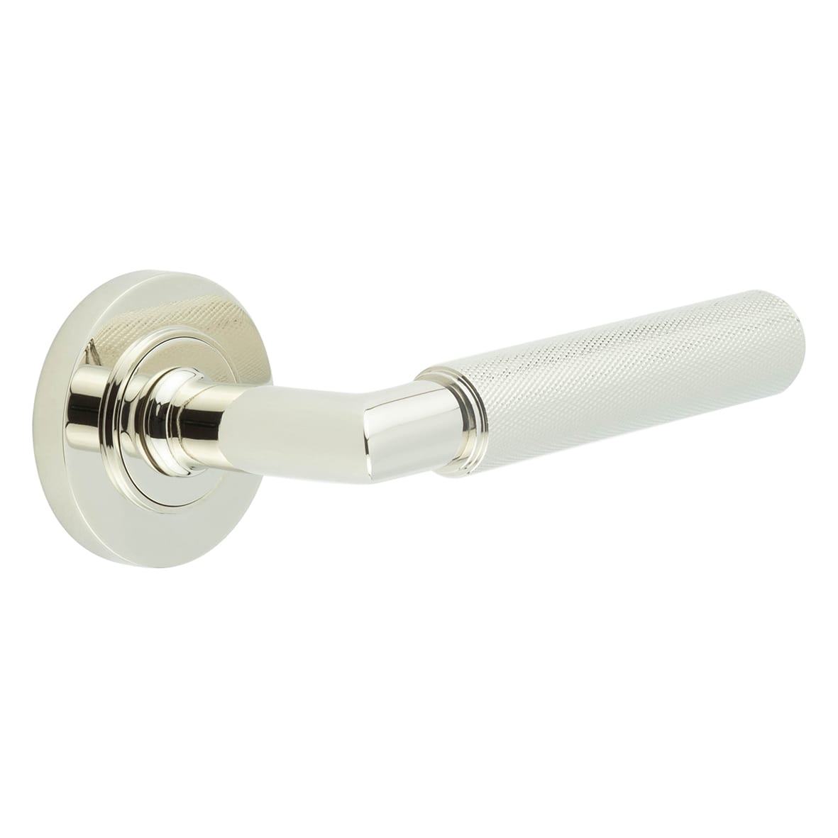 Polished Nickel Knurled Fire Rated Door Handles on Round Rose - Piccadilly Range