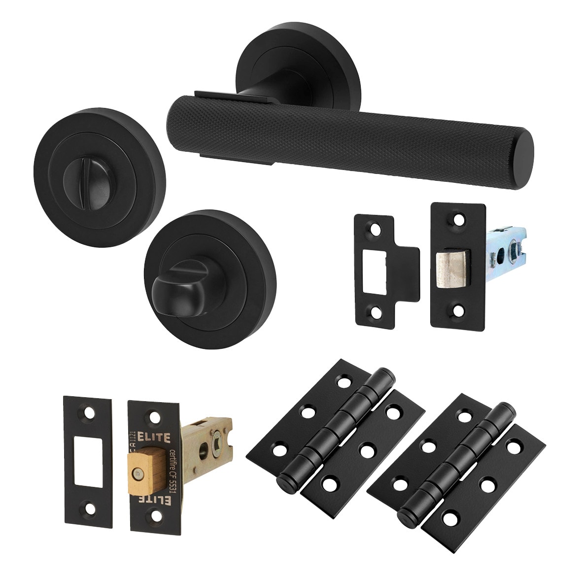 Matt Black Knurled Bathroom Deadbolt Lock Door Handles on Rose Pack - Orla Range