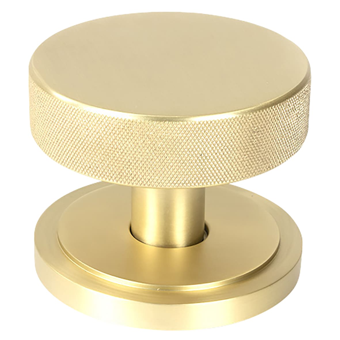 Brompton Satin Brass Round Knurled Centre Door Knob on Art Deco Rose - 90mm Rose Diameter
