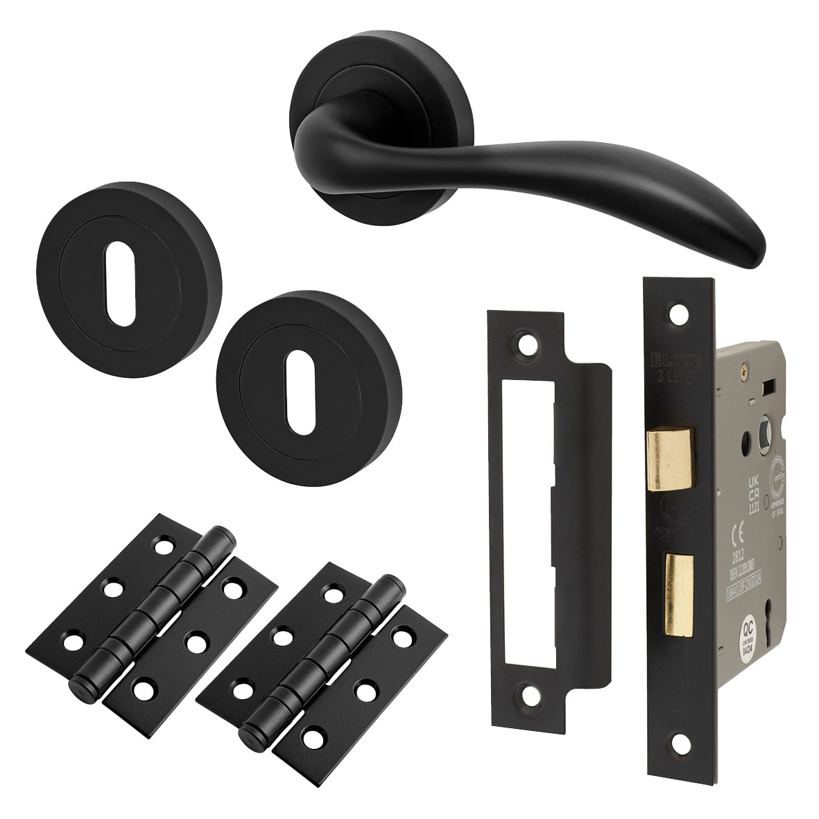 Matt Black 3 Lever Sashlock Door Handles on Rose Pack - Sussex Range