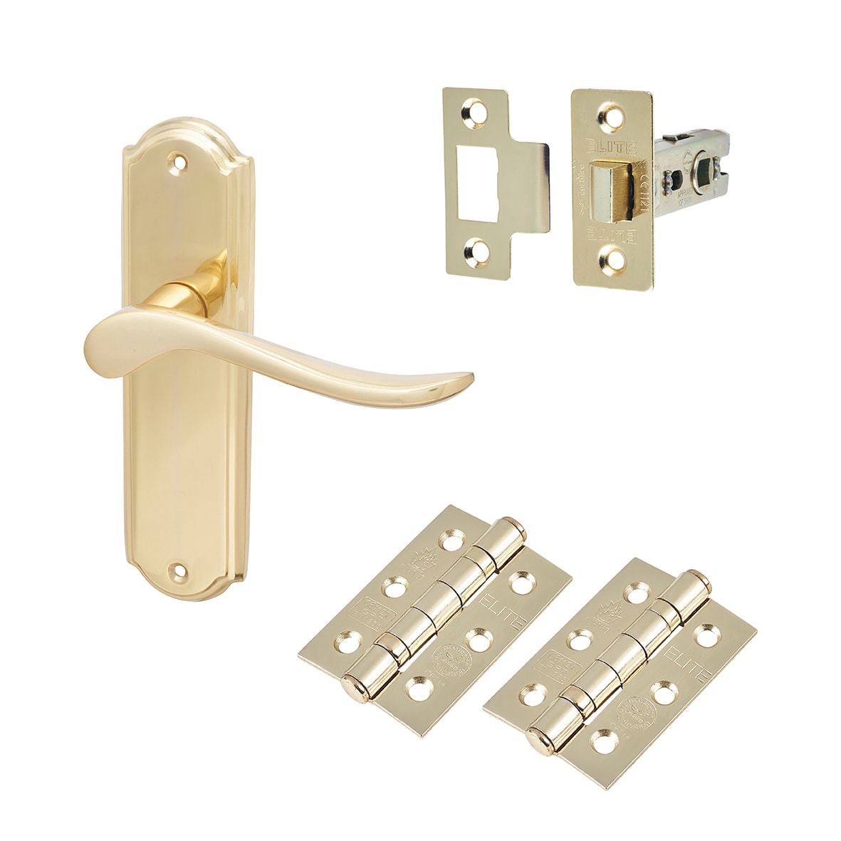 Polished Brass Scroll Latch Door Handles Pack - Turin Range