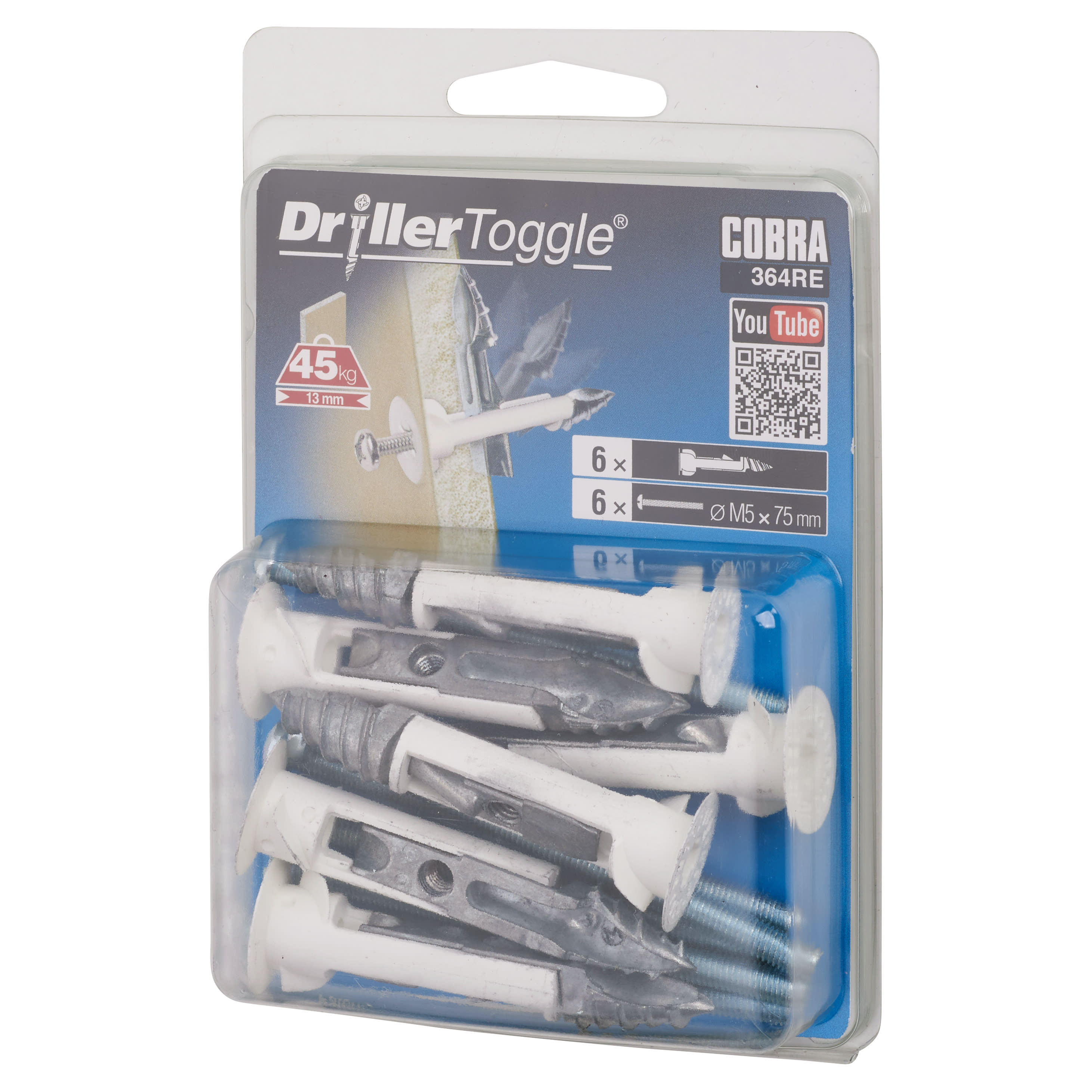 DrillerToggle Heavy Duty Self Drilling Plasterboard Fixing - M5 x 75mm Bolt - White - Pk of 6