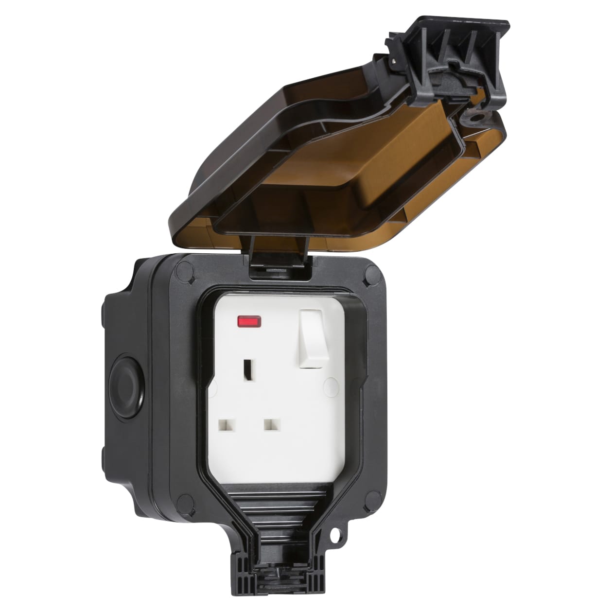 13A 1 Gang Switched Outdoor Weatherproof Socket with Neon - Black