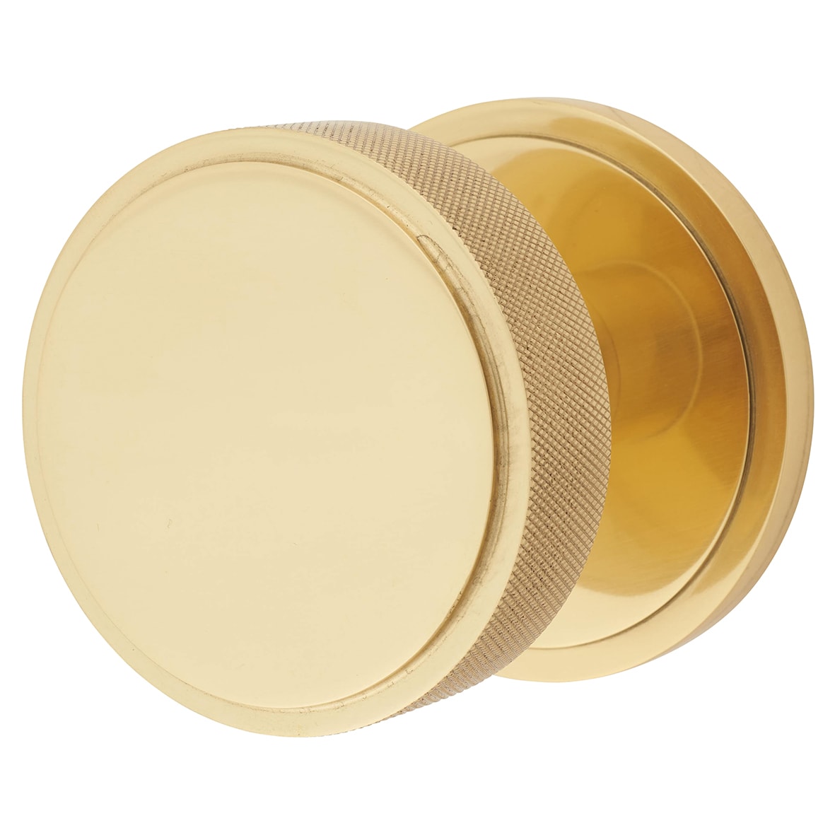 Polished Brass Round Knurled Centre Door Knob - 80mm Rose Diameter