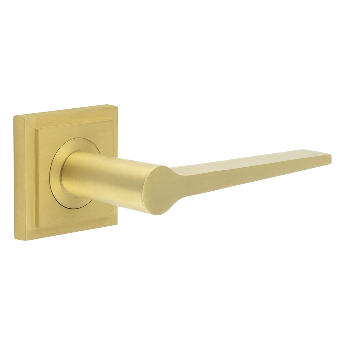 Satin Brass Fire Rated Door Handles on Square Stepped Rose - Knightsbridge Range
