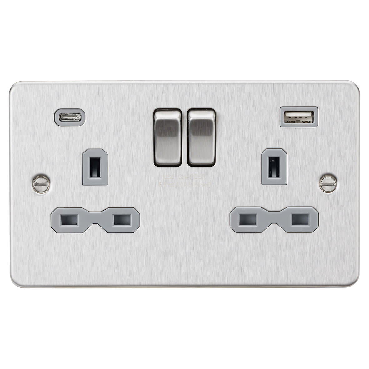 13A 2 Gang Flat Plate Type A/C USB Socket with 2 x USB - 4A - Brushed Chrome/Grey