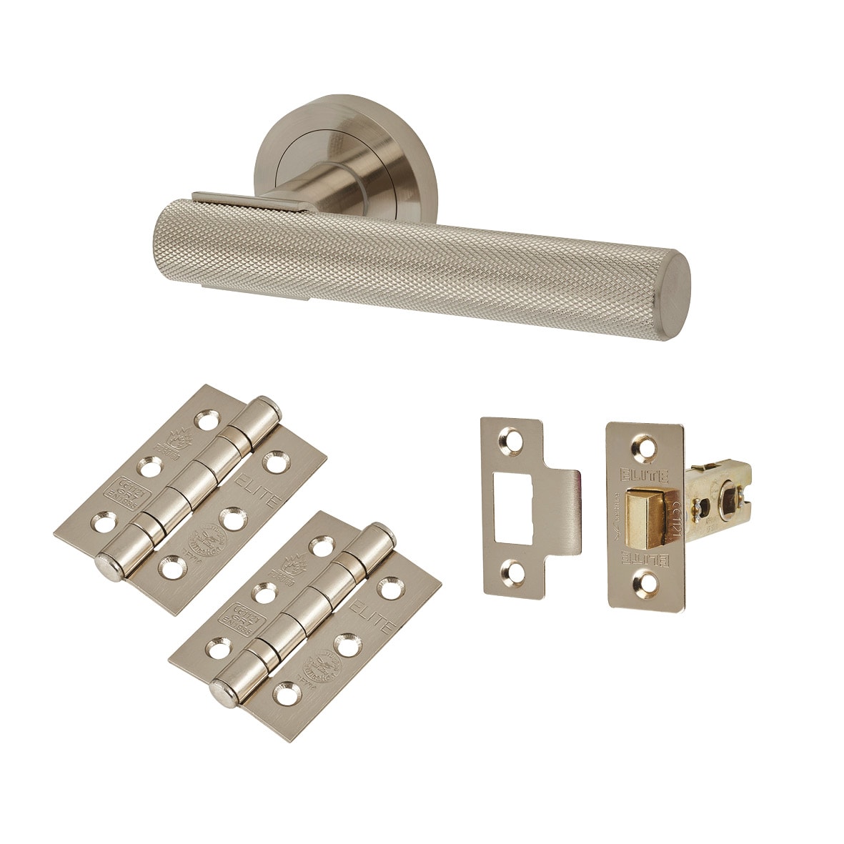 Satin Nickel Knurled Latch Door Handles on Rose Pack - Orla Range
