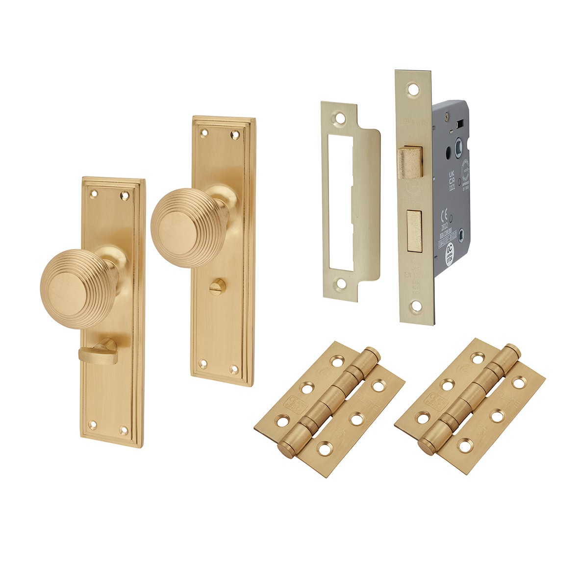 Satin Brass Reeded Bathroom Lock Mortice Door Knobs on Backplate Pack - Miller Range - 205 x 52mm
