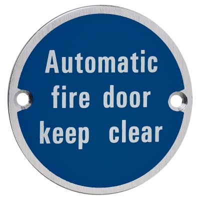 Automatic Fire Door Keep Clear Door Sign - 75mm Diameter - Satin Aluminium