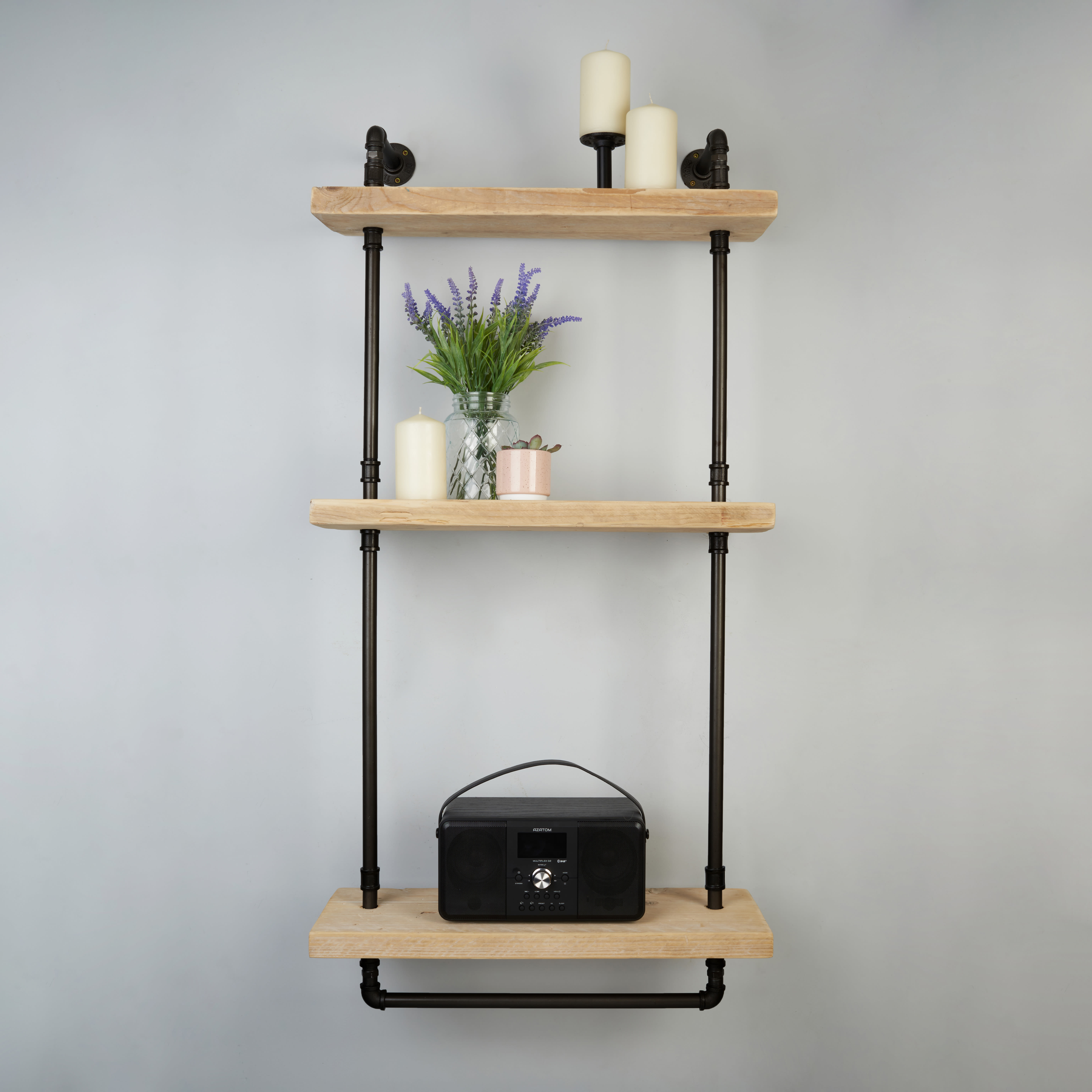 3/4" 3 Tier Drill Through Pipe Shelf Kit with Hanging Rail - Black