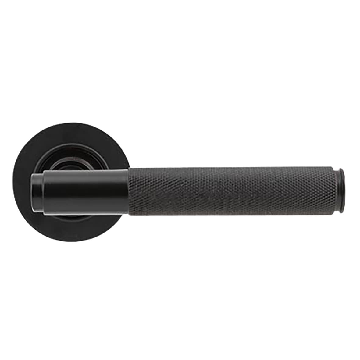 Aged Bronze Knurled Door Handles on Round Rose - Brompton Range