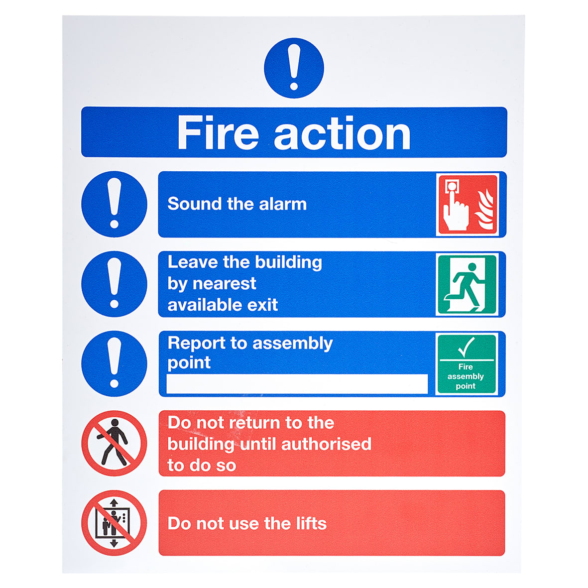 Symbolised Fire Action Safety Sign - 250 x 300mm - Rigid Plastic