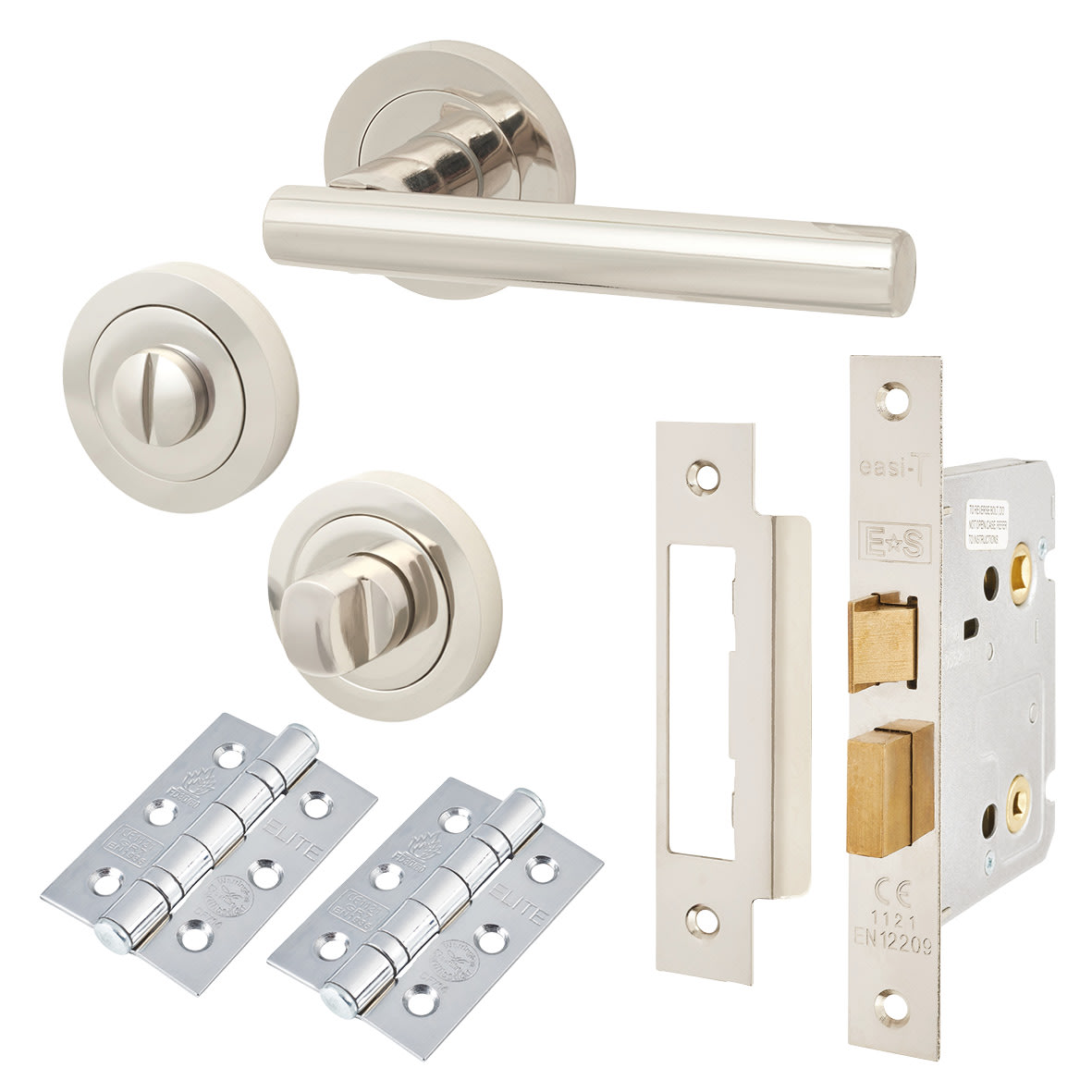 Polished Nickel Bathroom Lock Door Handles on Rose Pack - Ella Range
