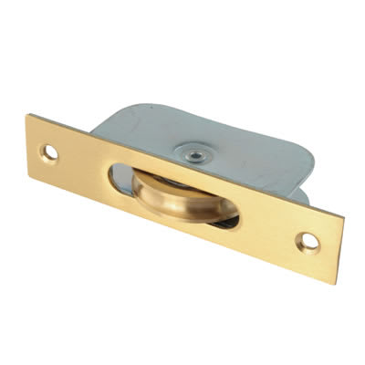 Square Ball Bearing Sash Window Pulley - 44mm Curved Metal Wheel - Satin Brass