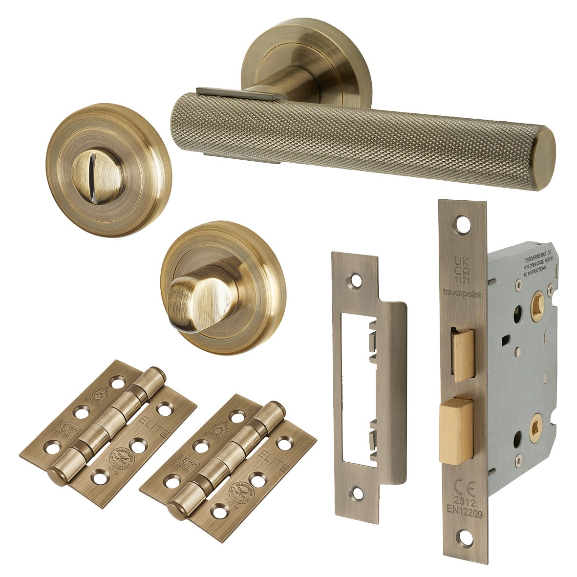 Antique Brass Knurled Bathroom Lock Door Handles on Rose Pack - Orla Range