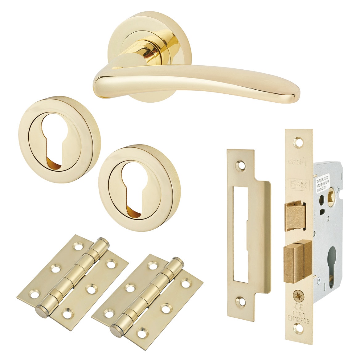 Polished Brass Euro Lock Door Handles on Rose Pack - Eloise Range