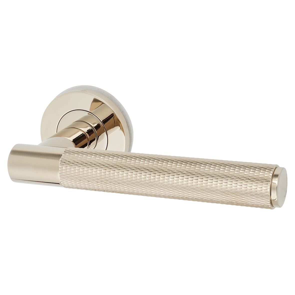 Polished Nickel Knurled Door Handles on Round Rose - Spitfire Range