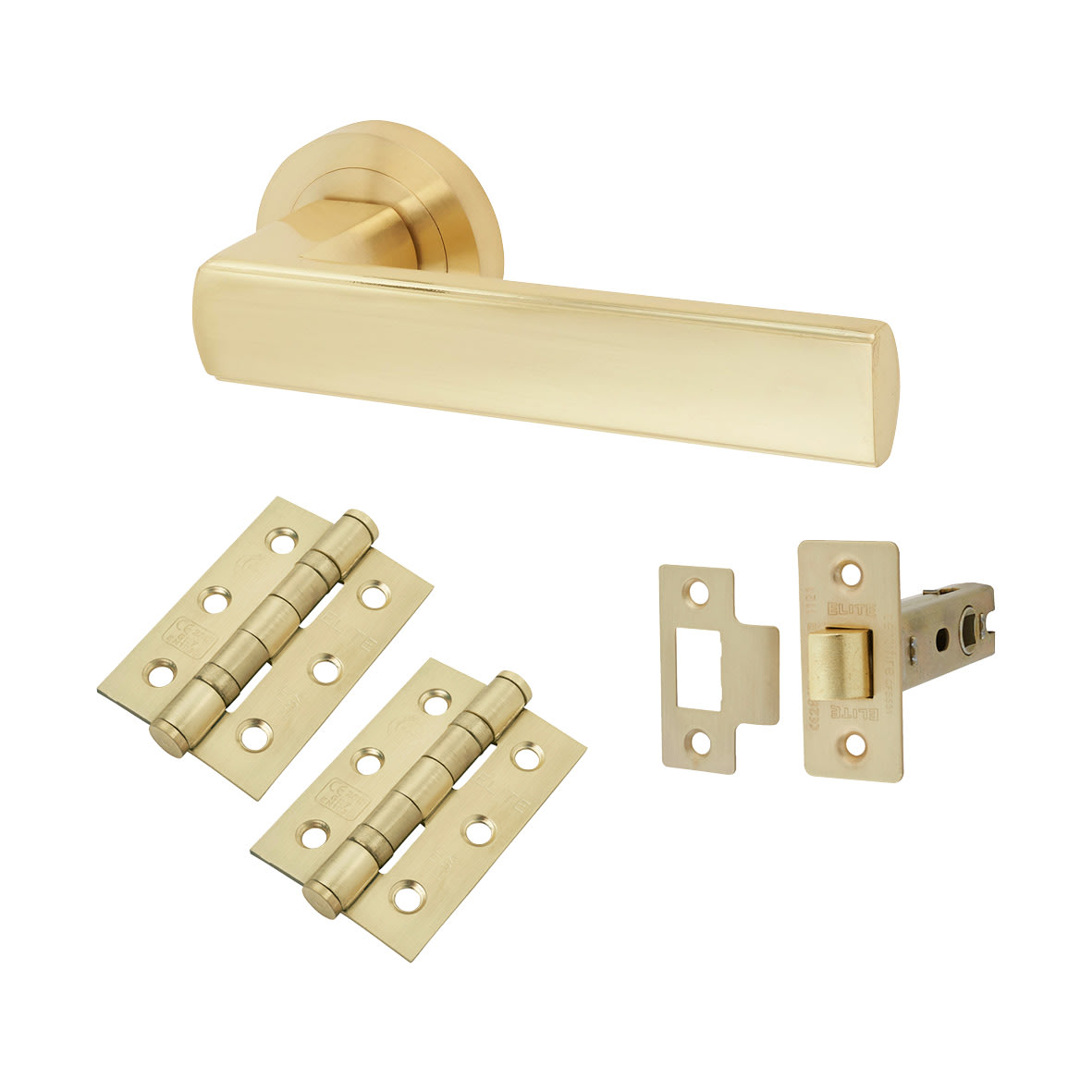 Satin Brass Latch Door Handles on Rose Pack - Zara Range