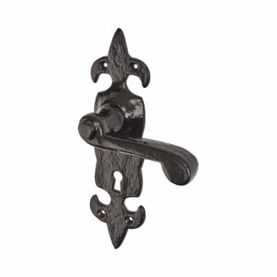 Metalized Antique Black Iron Scroll Keyhole Lock Door Handles - Fleur de Lys - 210 x 55mm