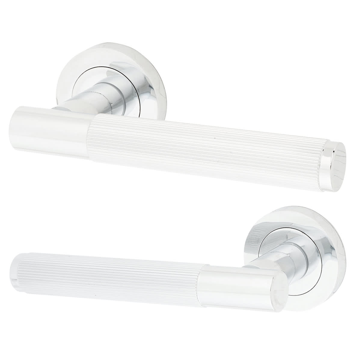 Polished Chrome Fire Rated Lines Door Handles on Rose - Venice Range