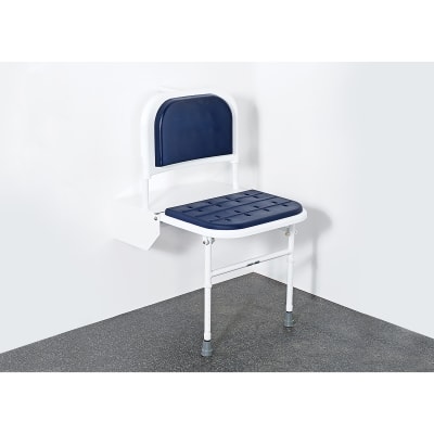 Doc M Padded Folding Wall Shower Seat, Legs & Back - 500 x 410 x 690mm - Wht/Blue