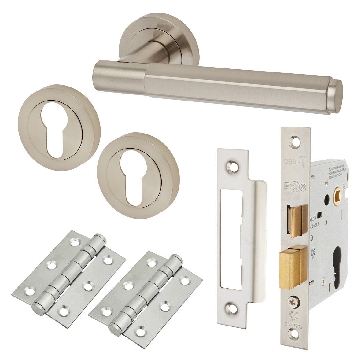 Satin Nickel Hexagonal Euro Lock Door Handles on Rose Pack - Juno Range