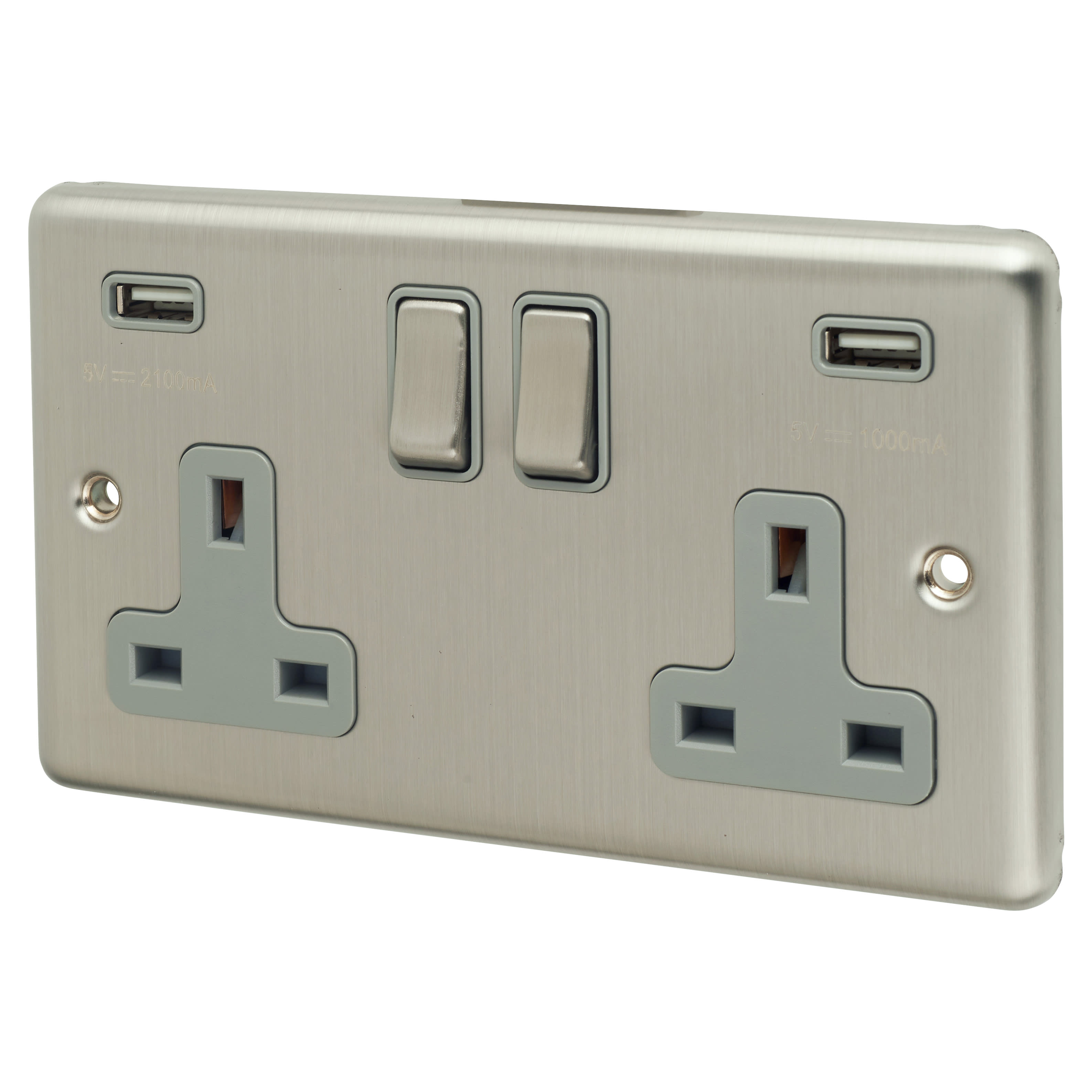 Enhance Decorative 13A 2 Gang USB Socket with 2 x USB - 3.1A - Satin Steel/Grey Insert