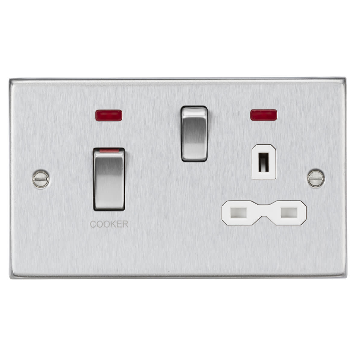 45A Square Edge DP Cooker Switch & 13A Socket & Neons - Brushed Chrome & White Insert