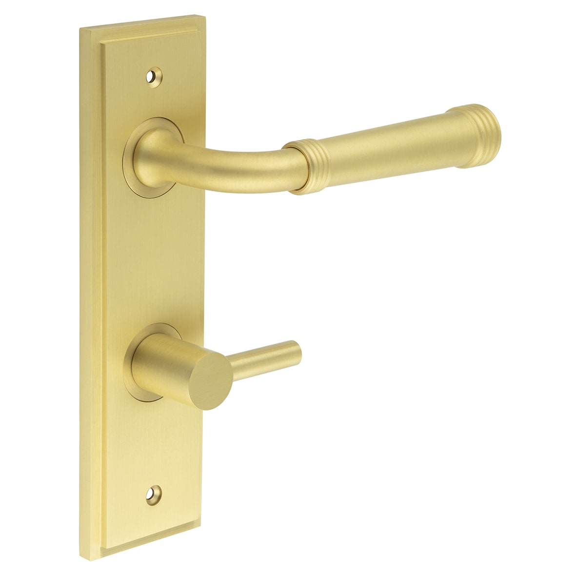 Satin Brass Fire Rated DIN Bathroom Door Handles - Highgate - Inner 3 - 200 x 55mm