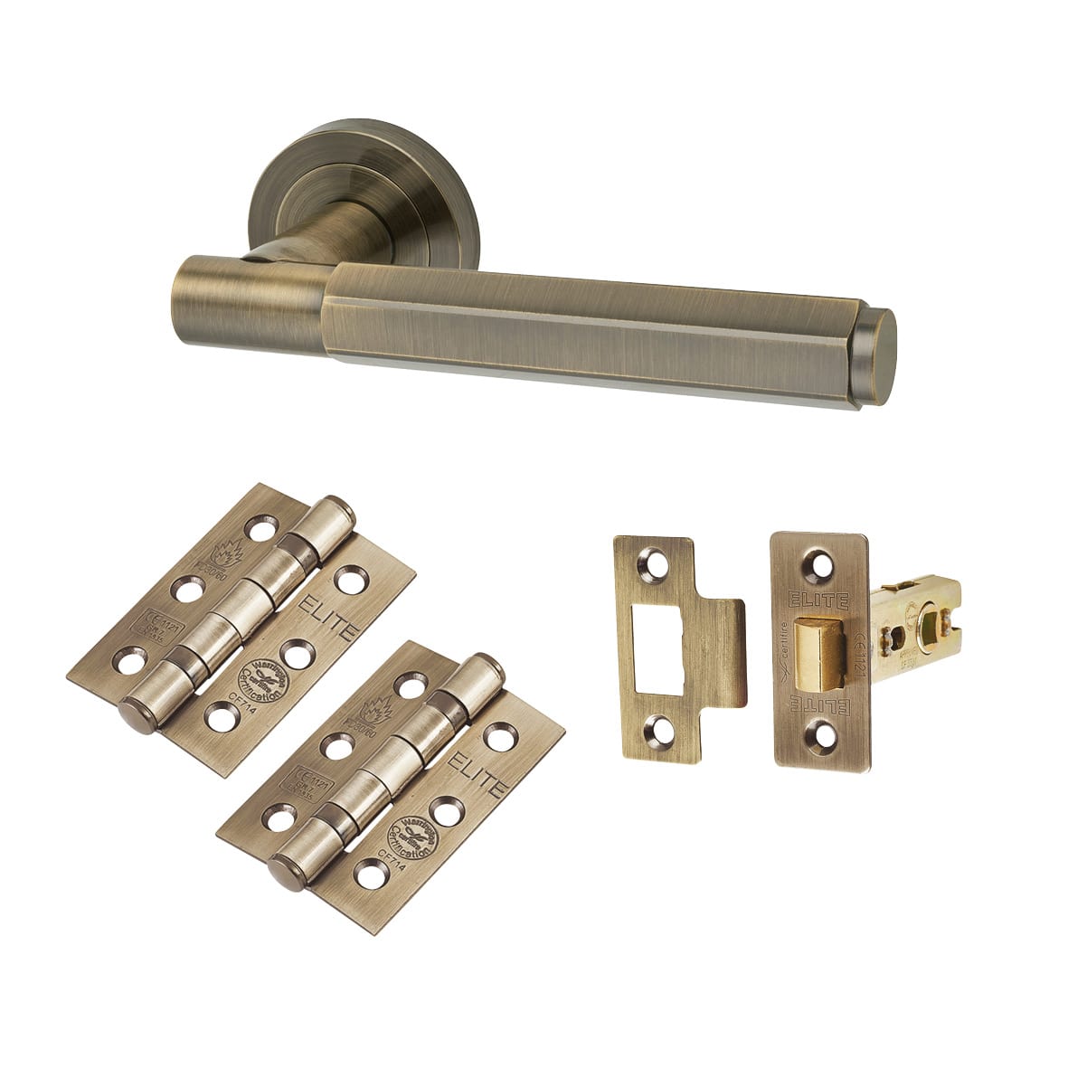 Antique Brass Hexagonal Latch Door Handles on Rose Pack - Juno Range