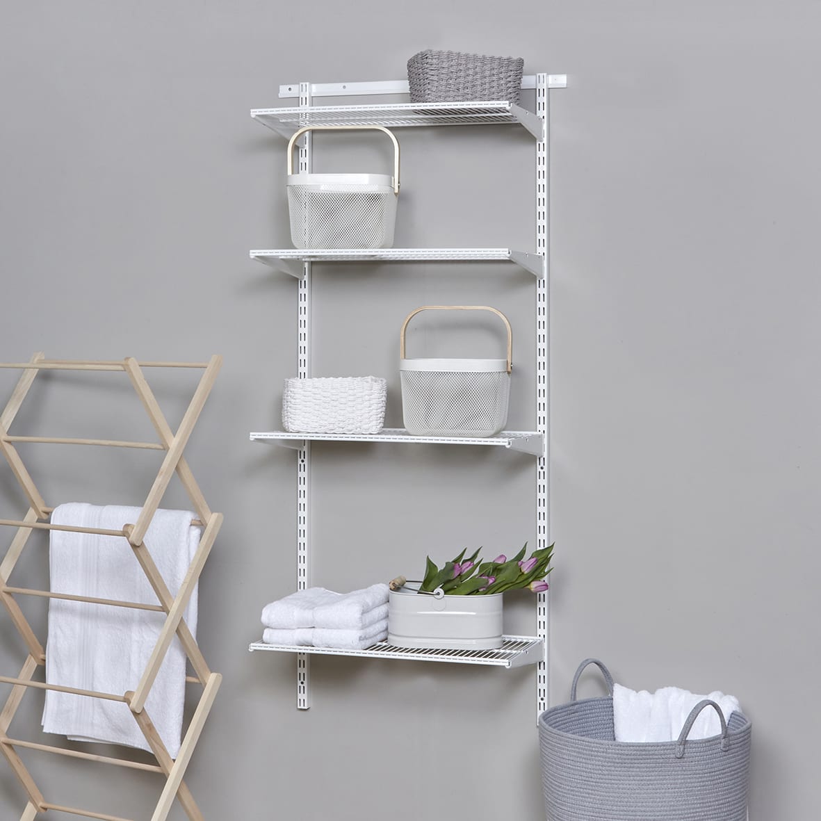 Wardrobe & Storage Starter Kit - 1 Bay, 4 Ventilated Wire Shelf - 641 x 1532 x 320mm - White