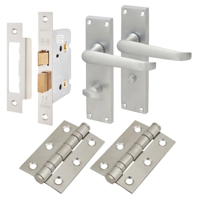 Satin Chrome Victorian Straight Bathroom Lock Door Handles Pack