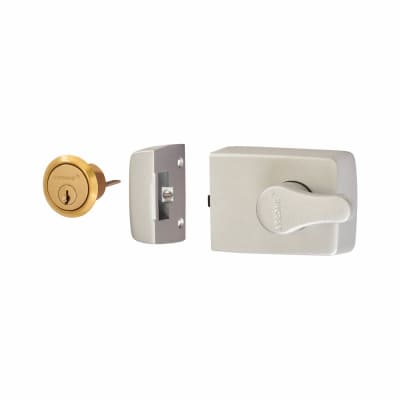 Roller Bolt Deadlocking Nightlatch - 60mm Backset - Silver Case/Polished Brass Cylinder
