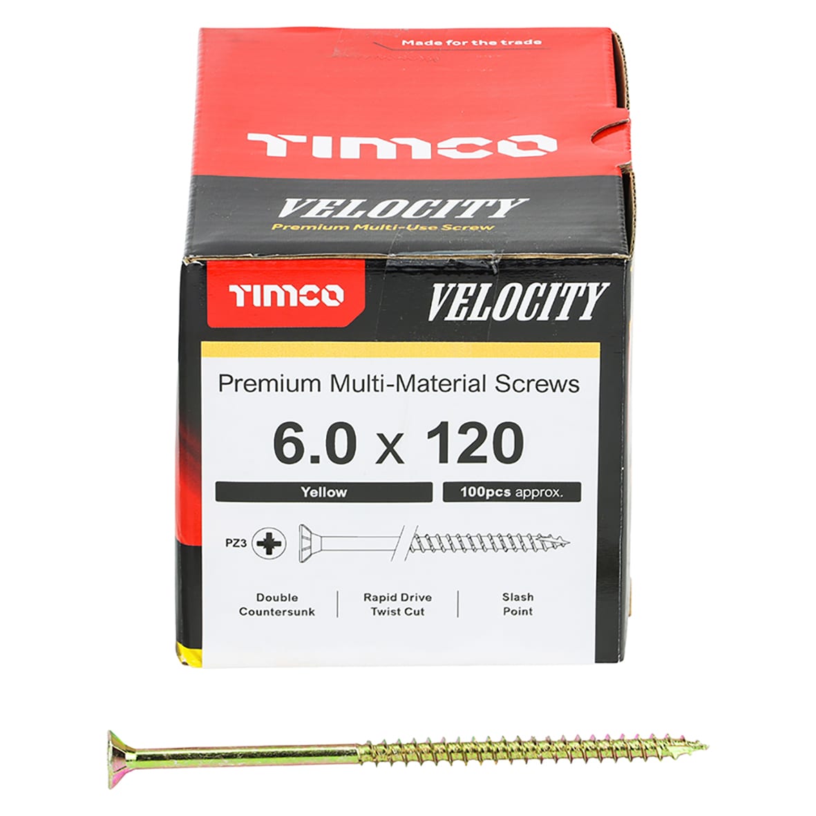 Velocity Pozi Countersunk Wood Screws - 6.0 x 120mm - Yellow Zinc - Pack of 100