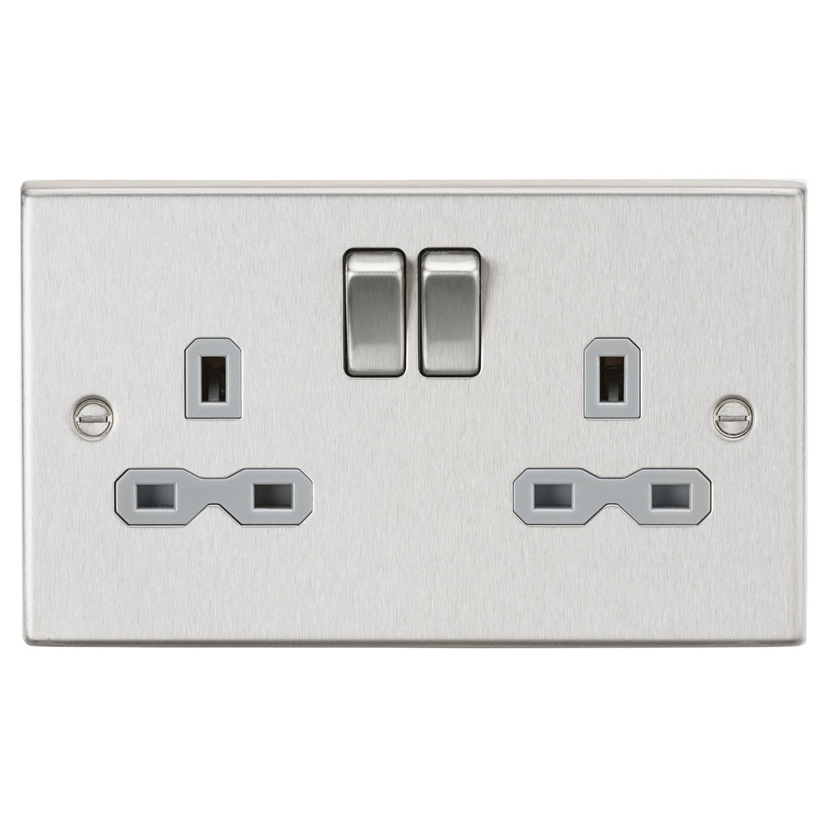 13A 2 Gang DP Switched Socket with Twin Earths - Brushed Chrome with Grey Insert