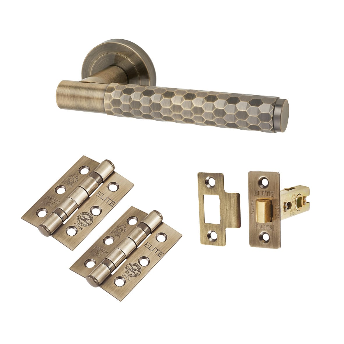 Antique Brass Honeycomb Latch Door Handles on Rose Pack - Cara Range