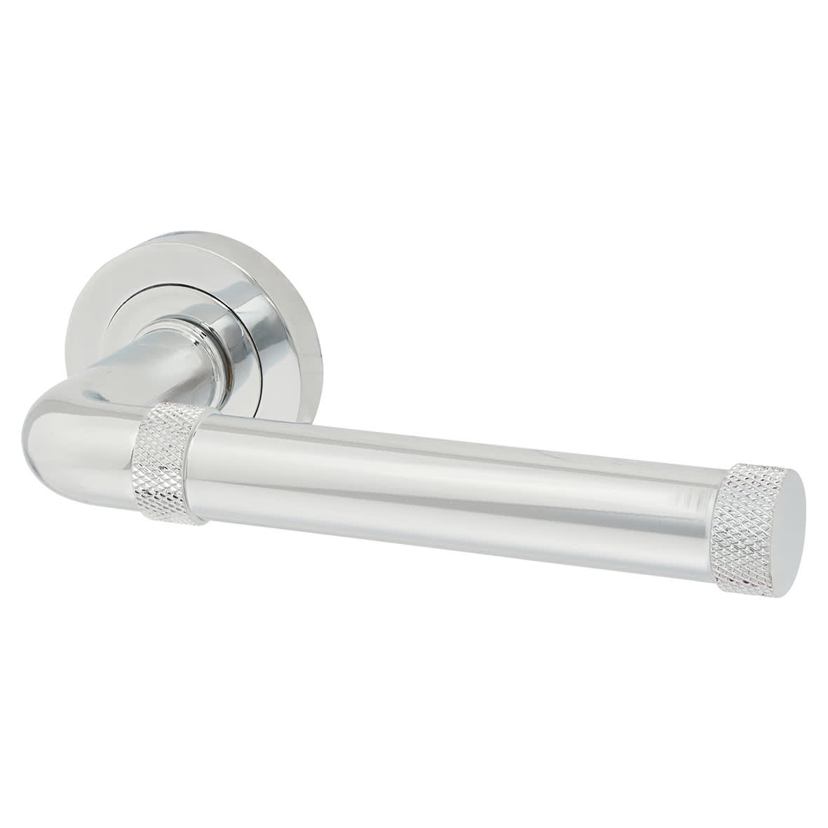 Polished Chrome Fire Rated Knurled Door Handles on Round Rose - Midtown Range