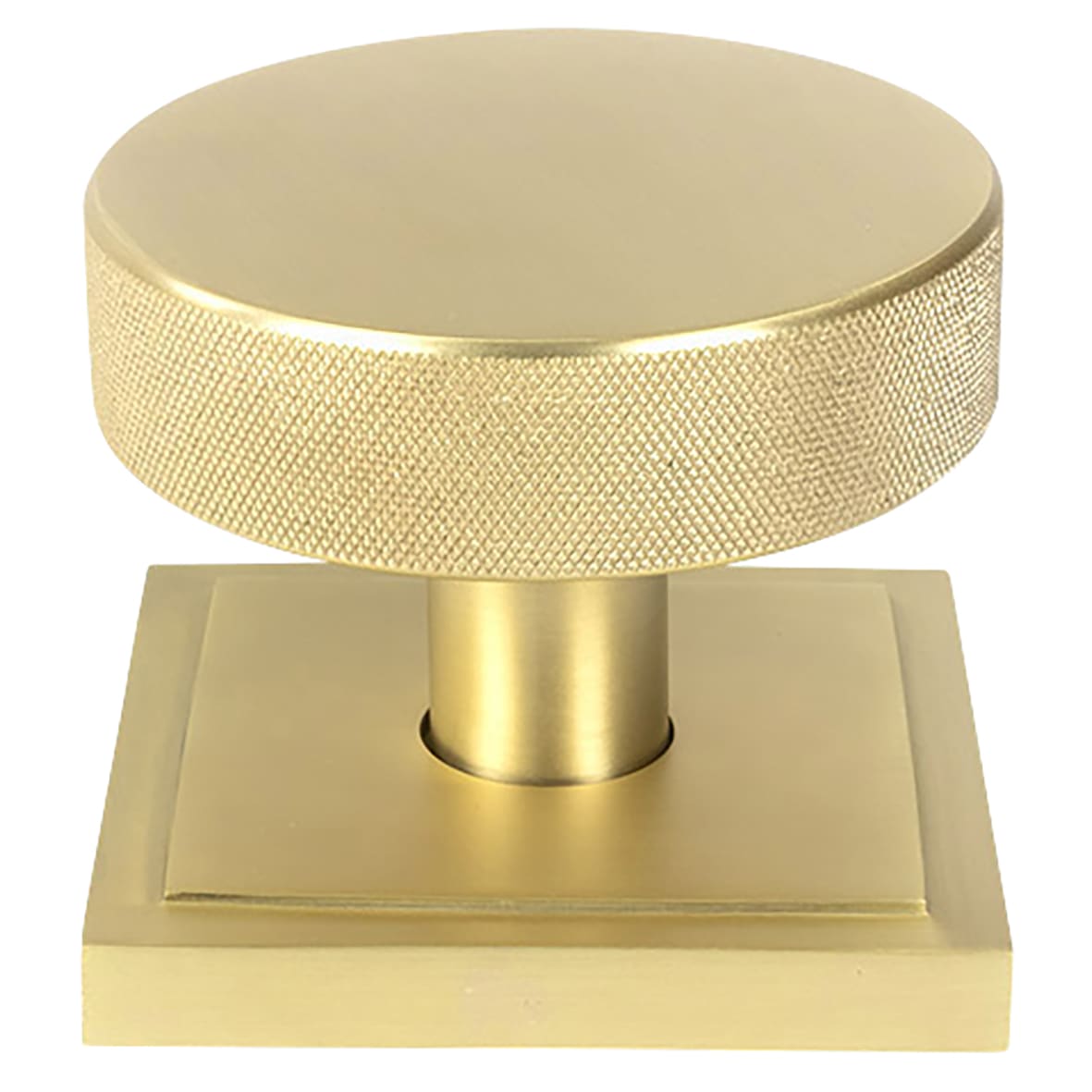 Brompton Satin Brass Round Knurled Centre Door Knob on Square Rose - 90 x 90mm Rose