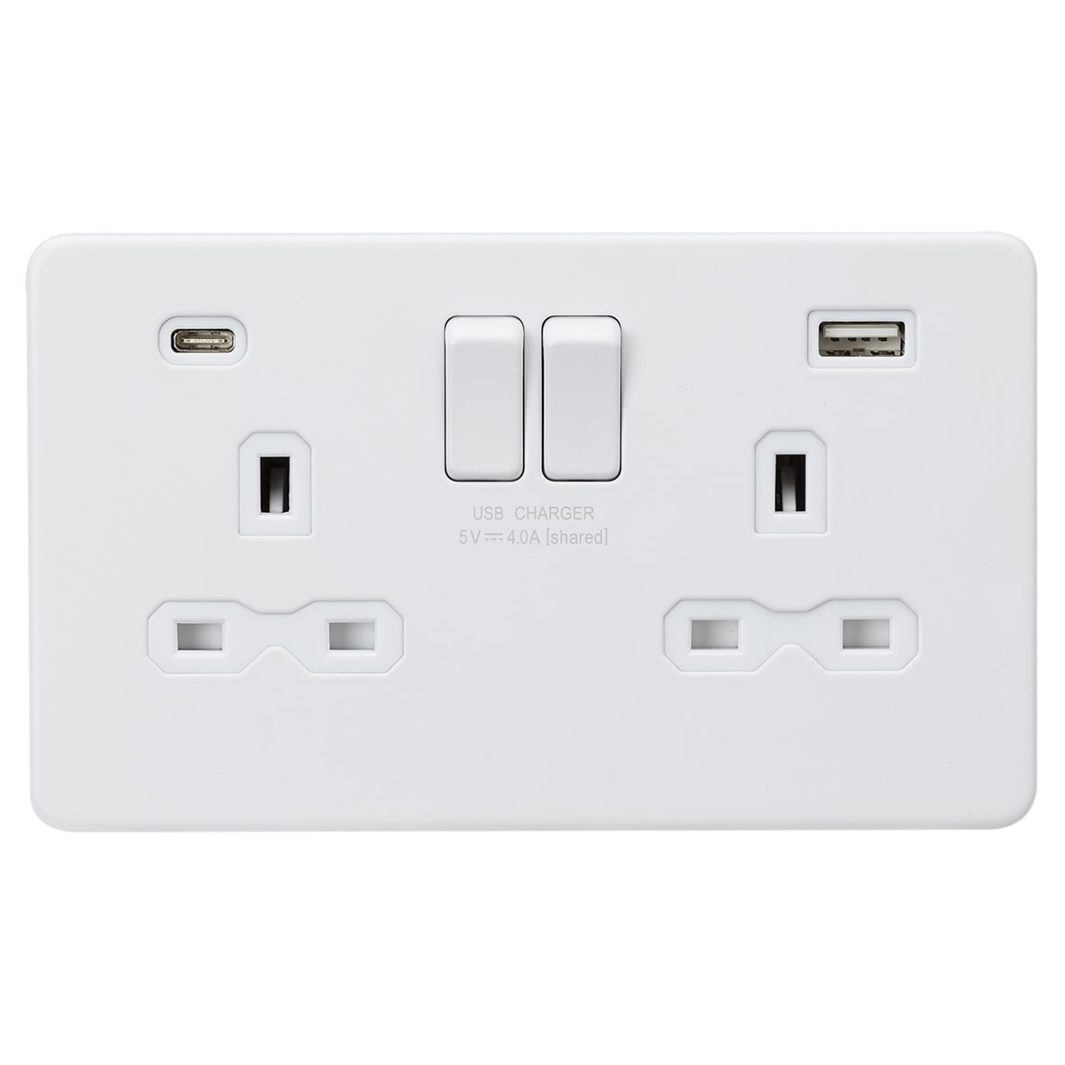 13A 2 Gang Screwless Type A/C USB Socket with 2 x USB - 4A - Matt White/White
