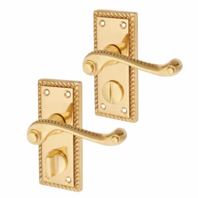Polished Brass Georgian Scroll Privacy Door Handles - Short Plate - 117 x 45mm