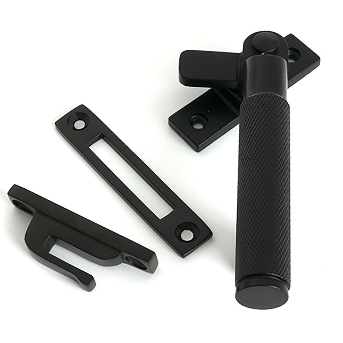 Brompton Knurled Locking Mortice & Hook Plate Window Fastener - Right - Matt Black