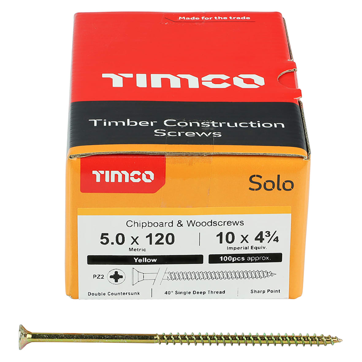Solo Chippy Pozi Countersunk Wood Screws - 5.0 x 120mm - Yellow Zinc - Pack of 100
